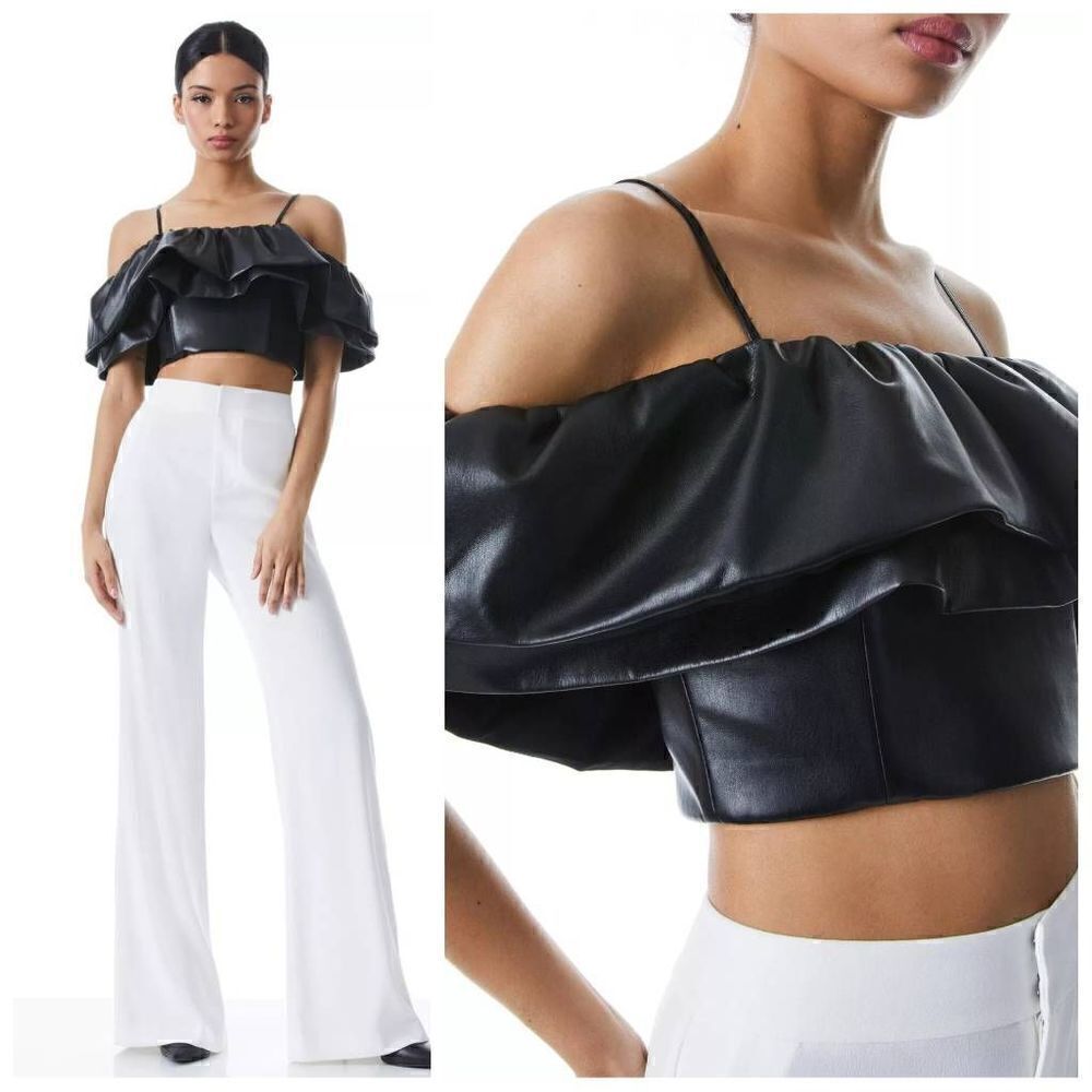Alice + Olivia Nay Voluminous Faux Leather Ruffle Black Top Size 6